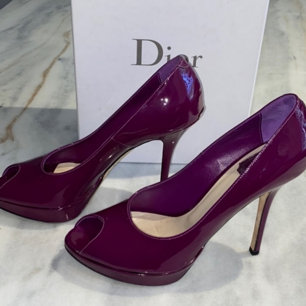 MISS DIOR Logo Classic Peep Toe Pumps Patent Leather Platform Stiletto High Heel - Picture 6 of 16